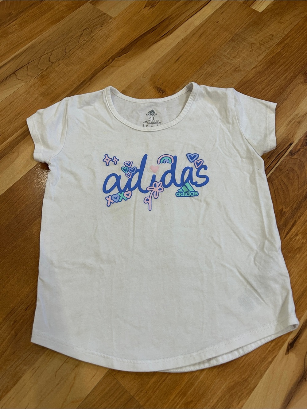 adidas White Short-Sleeve Tee with Blue & Pink Logo Graphics 4 T